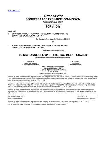 Miniature Reinsurance Group of America
 10-Q Rapport trimestriel 2011 