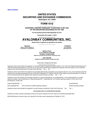 Miniature AvalonBay Communities 10-Q Rapport trimestriel 2011 