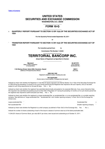 Miniature Territorial Bancorp
 10-Q Rapport trimestriel 2011 
