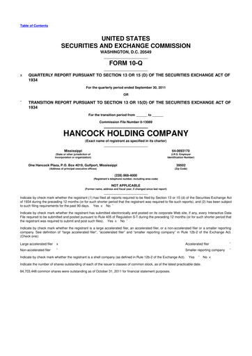 Thumbnail Hancock Whitney 10-Q Quarterly Report FY2011 