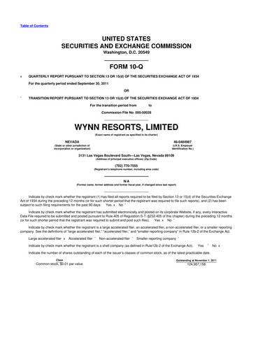 Thumbnail Wynn Resorts
 10-Q Quarterly Report FY2011 