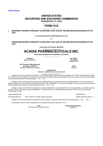 Thumbnail ACADIA Pharmaceuticals 10-Q Quarterly Report FY2011 