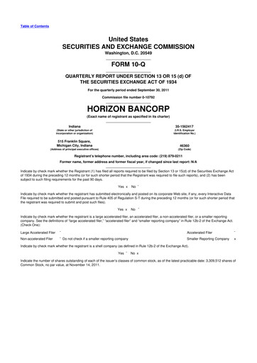 Thumbnail Horizon Bancorp 10-Q Quarterly Report FY2011 