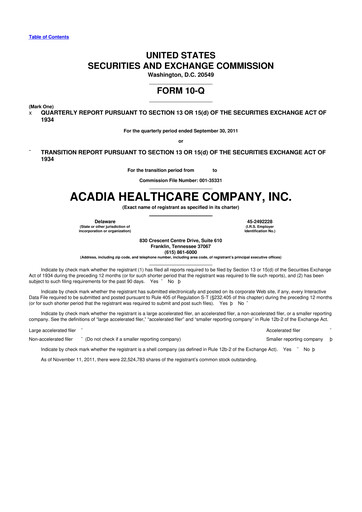 Thumbnail Acadia Healthcare
 10-Q Quarterly Report FY2011 