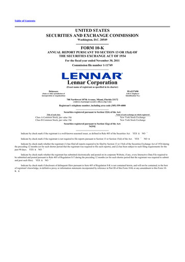 Miniature Lennar 10-K Rapport annuel 2011