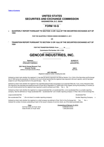 Miniature Gencor Industries
 10-Q Rapport trimestriel 2012 