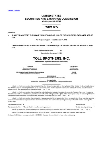 Thumbnail Toll Brothers
 10-Q Quarterly Report FY2012 