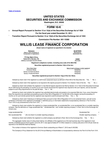 Thumbnail Willis Lease Finance Corporation 10-K Annual Report 2011