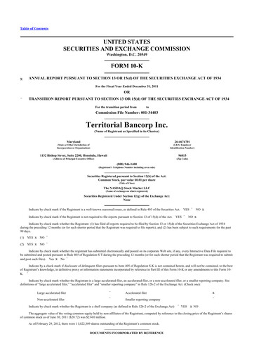 Thumbnail Territorial Bancorp
 10-K Annual Report 2011