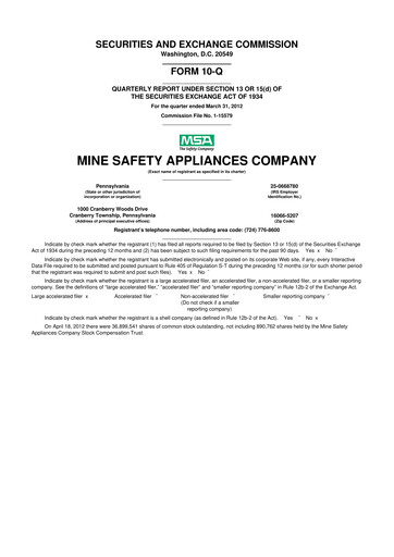 Miniature MSA Safety 10-Q Rapport trimestriel 2012 