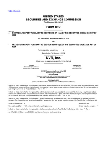 Miniature NVR 10-Q Rapport trimestriel 2012 