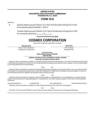 Thumbnail Cognex 10-Q Quarterly Report FY2012 