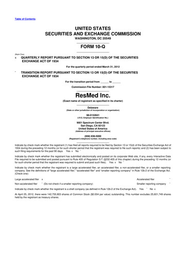 Miniature ResMed 10-Q Rapport trimestriel 2012 