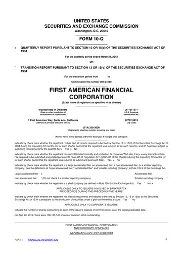 Miniature First American Financial Corporation 10-Q Rapport trimestriel 2012 