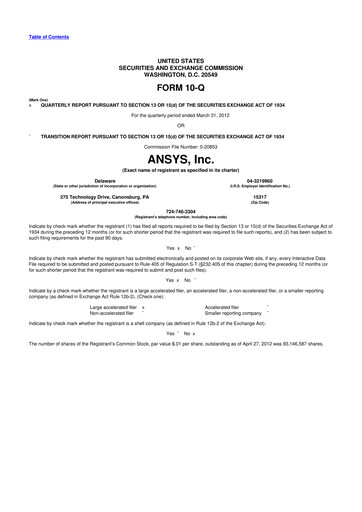 Vorschaubild Ansys 10-Q Quartalsbericht 2012 
