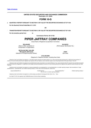 Miniature Piper Sandler
 10-Q Rapport trimestriel 2012 