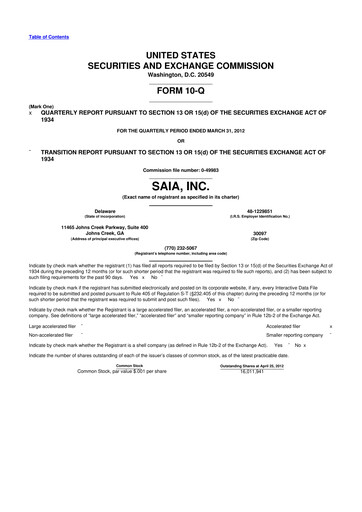 Thumbnail Saia
 10-Q Quarterly Report FY2012 