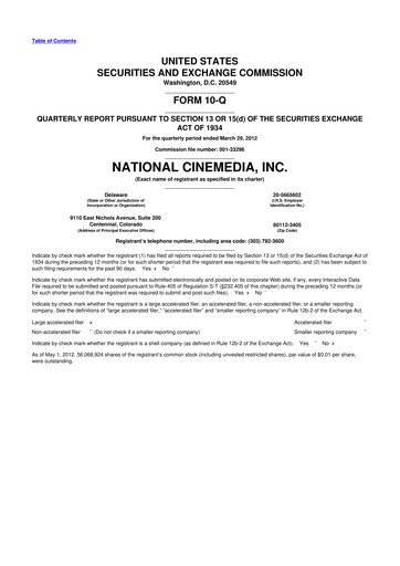 Thumbnail National CineMedia 10-Q Quarterly Report FY2012 
