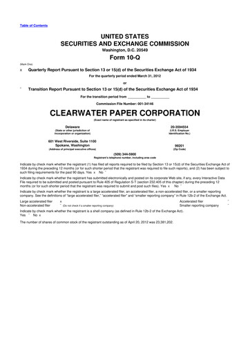 Thumbnail Clearwater Paper 10-Q Quarterly Report FY2012 