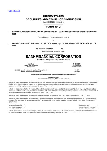 Thumbnail BankFinancial 10-Q Quarterly Report FY2012 