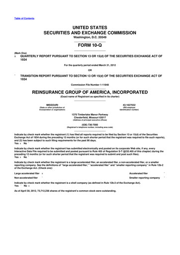 Miniature Reinsurance Group of America
 10-Q Rapport trimestriel 2012 