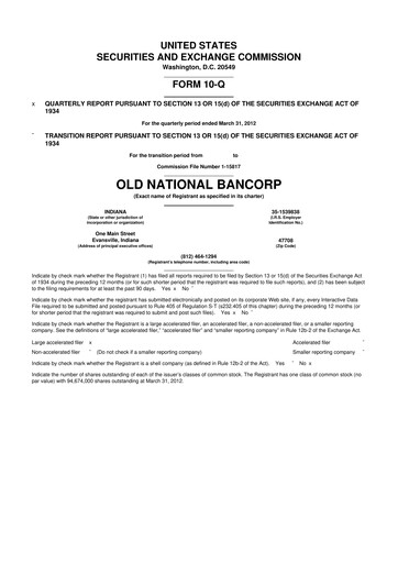 Thumbnail Old National Bank
 10-Q Quarterly Report FY2012 