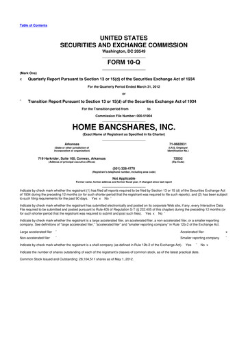 Thumbnail Home BancShares
 10-Q Quarterly Report FY2012 