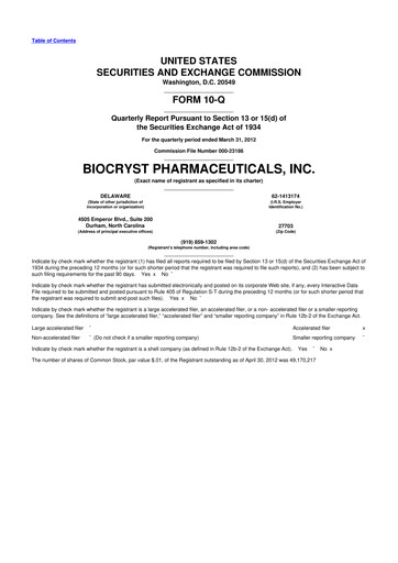 Thumbnail BioCryst Pharmaceuticals
 10-Q Quarterly Report FY2012 