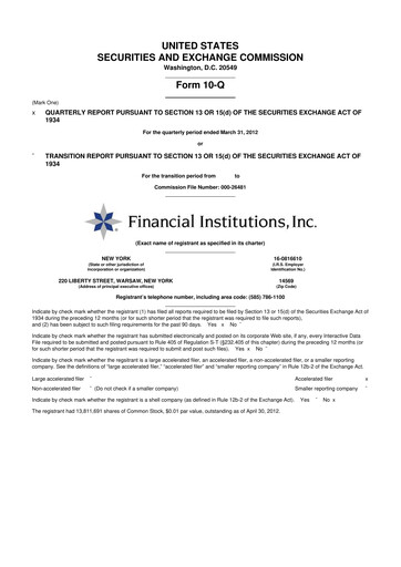 Thumbnail Financial Institutions 10-Q Quarterly Report FY2012 
