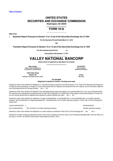 Thumbnail Valley Bank 10-Q Quarterly Report FY2012 