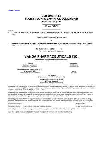 Miniature Vanda Pharmaceuticals 10-Q Rapport trimestriel 2012 