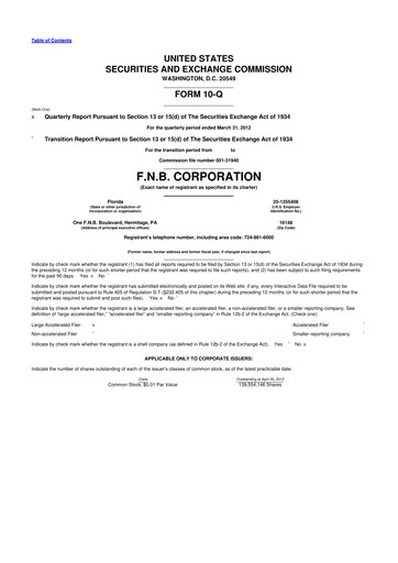Thumbnail F.N.B. Corporation
 10-Q Quarterly Report FY2012 