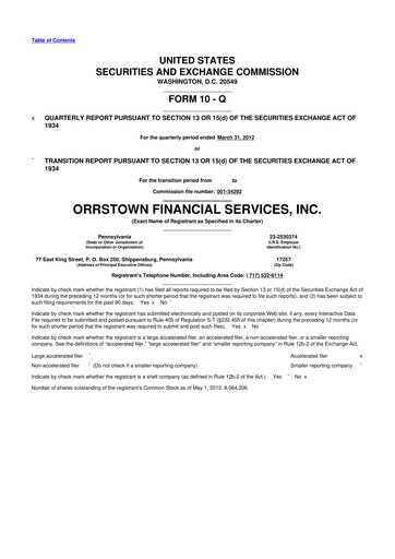 Thumbnail Orrstown Financial Services 10-Q Quarterly Report FY2012 