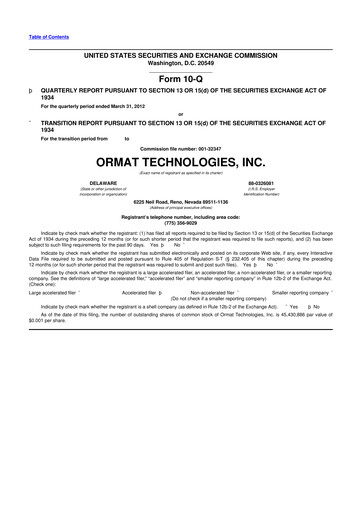Miniature Ormat Technologies
 10-Q Rapport trimestriel 2012 