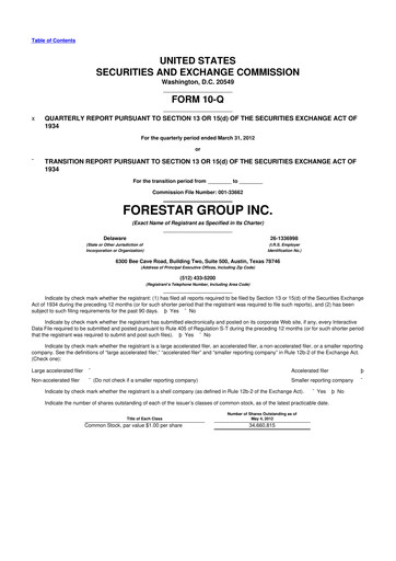 Thumbnail Forestar Group
 10-Q Quarterly Report FY2012 