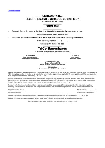 Vorschaubild TriCo Bancshares 10-Q Quartalsbericht 2012 