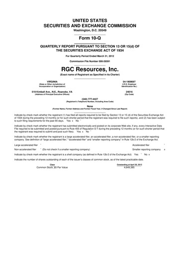 Miniature RGC Resources 10-Q Rapport trimestriel 2012 