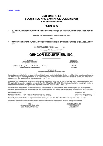 Miniature Gencor Industries
 10-Q Rapport trimestriel 2012 