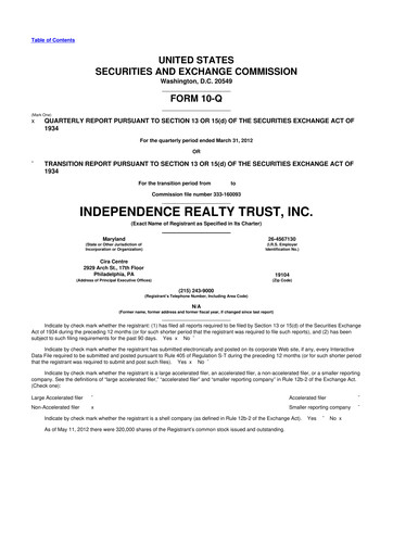 Thumbnail Independence Realty Trust
 10-Q Quarterly Report FY 