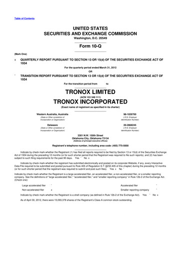 Thumbnail Tronox 10-Q Quarterly Report FY2012 