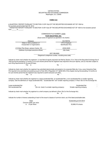 Thumbnail Thor Industries
 10-Q Quarterly Report FY2012 