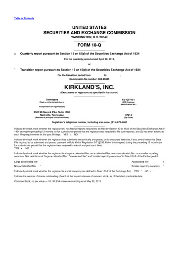 Thumbnail Kirkland's 10-Q Quarterly Report FY2012 