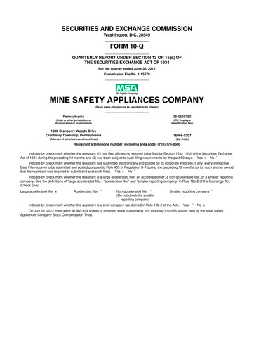 Miniature MSA Safety 10-Q Rapport trimestriel 2012 
