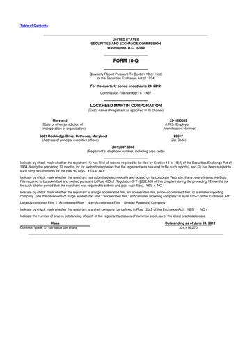 Thumbnail Lockheed Martin 10-Q Quarterly Report FY2012 