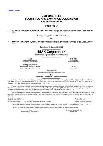 Thumbnail Imax Corp 10-Q Quarterly Report FY2012 