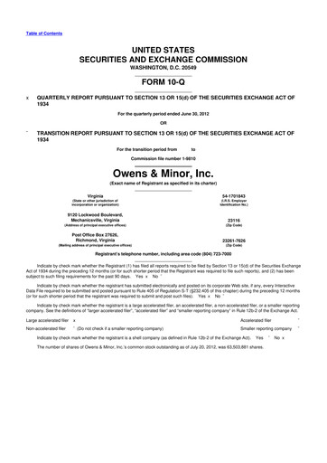 Thumbnail Owens & Minor

 10-Q Quarterly Report FY2012 
