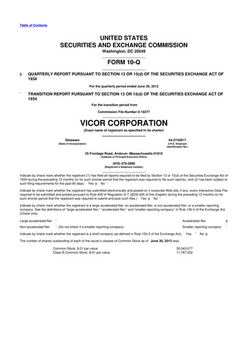 Miniature Vicor
 10-Q Rapport trimestriel 2012 