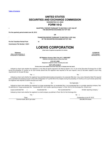 Thumbnail Loews Corporation
 10-Q Quarterly Report FY2012 