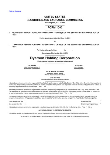 Miniature Ryerson 10-Q Rapport trimestriel 2012 