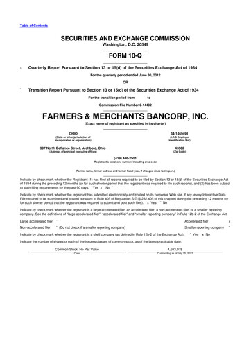 Thumbnail Farmers & Merchants Bancorp 10-Q Quarterly Report FY2012 